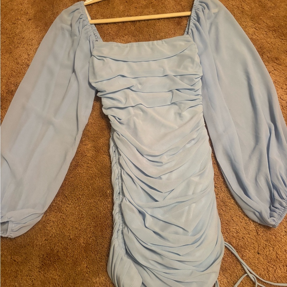 Hello Molly Blue Ruched Sheath Dress with Bishop Sleeves
